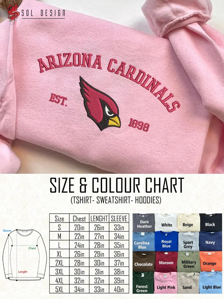 NFL Arizona Cardinals Est 1898 Embroidered Sweatshirt, NFL Arizona Cardinals Team Embroidered Shirt, Unisex Game Day Crewneck, Football Fan Gift Tee
