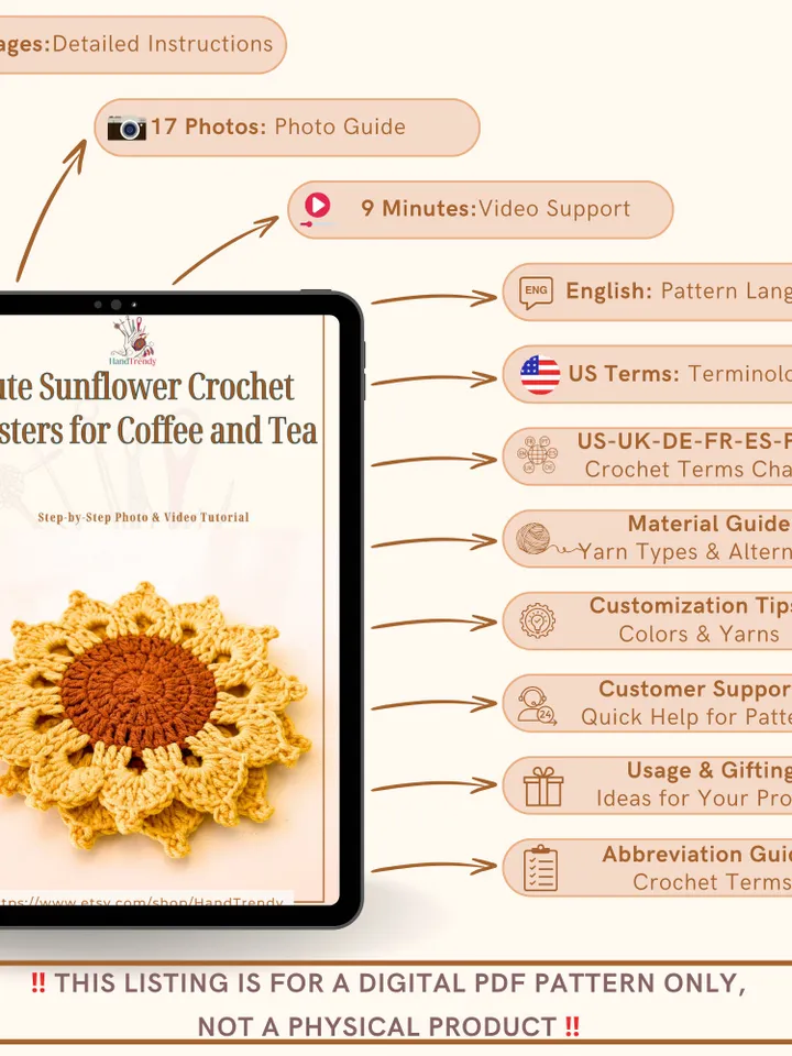 Cute Sunflower Crochet Coasters - Handmade Doily Coaster Set for Coffee and Tea - Fall Themed Sunflower Crochet Coaster Gift