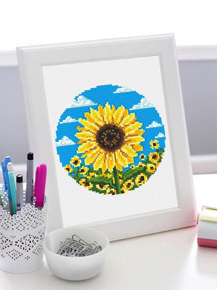 Sunflower cross stitch pattern download PDF, Yellow flowers cross stitch chart, Ukraine sunflower embroidery PDF, Easy beginner stitch #P33