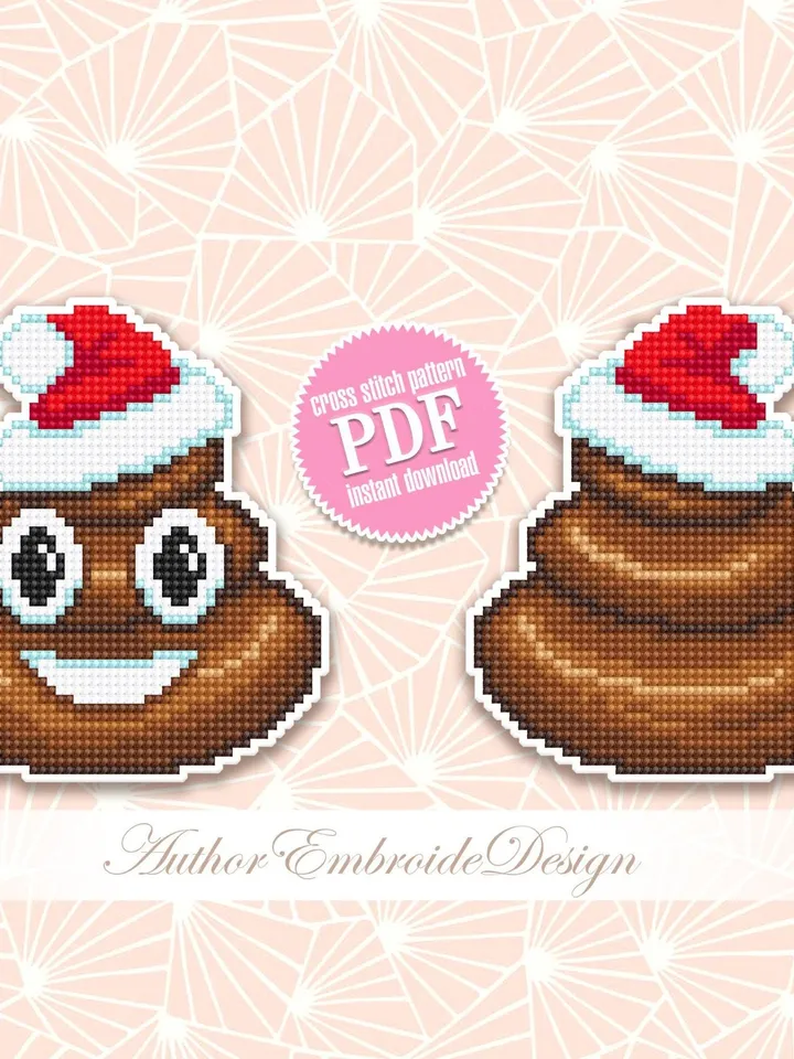 Christmas poop emoji cross stitch pattern PDF download Double-sided Christmas tree decor for plastic canvas, Funny Christmas pattern #N117