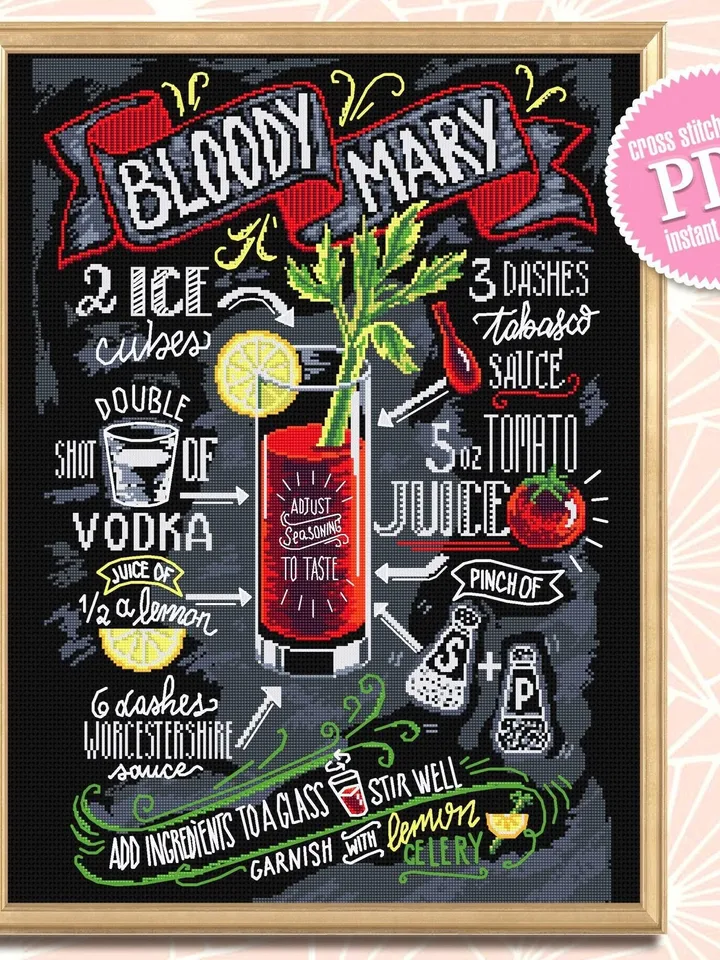 Recipe Bloody Mary cocktail cross stitch pattern PDF download Drink cross stitch chart, Bar decor, Alcohol cocktail pattern digital PDF #F10