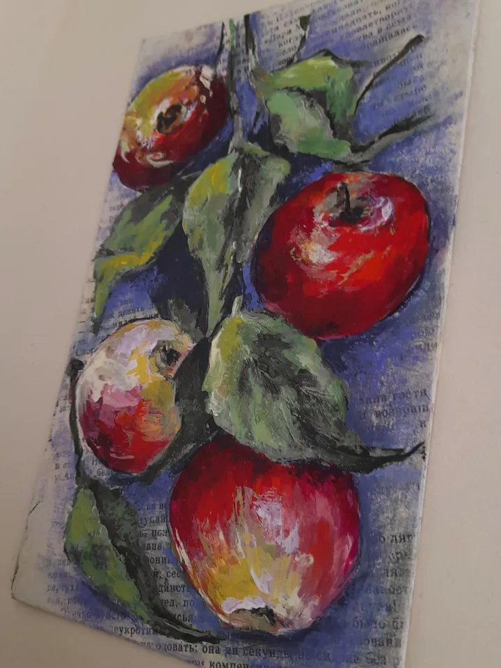 Miniature oil painting Apples on a branch 21x12,5 cm (8.28 х 5 inches)