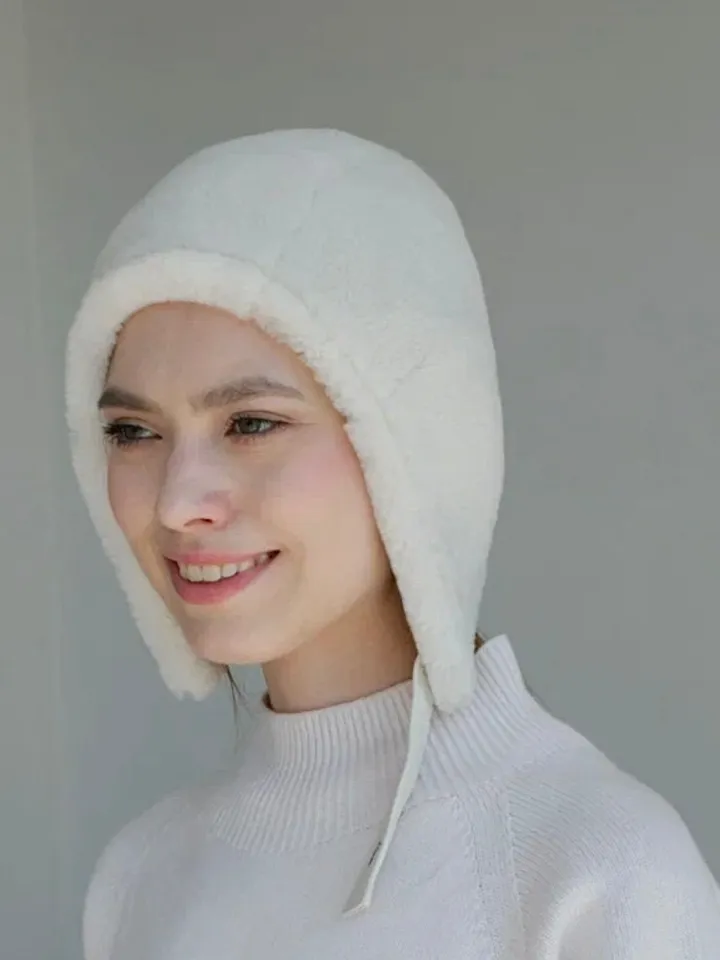Genuine shearling fur women cream white bonnet / real soft lamb fur winter women hat / designer sheep fur aviator trendy bonnet
