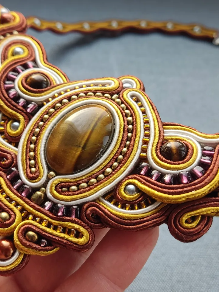 Tiger's eye necklace, Gold and brown statement necklace, Soutache necklace