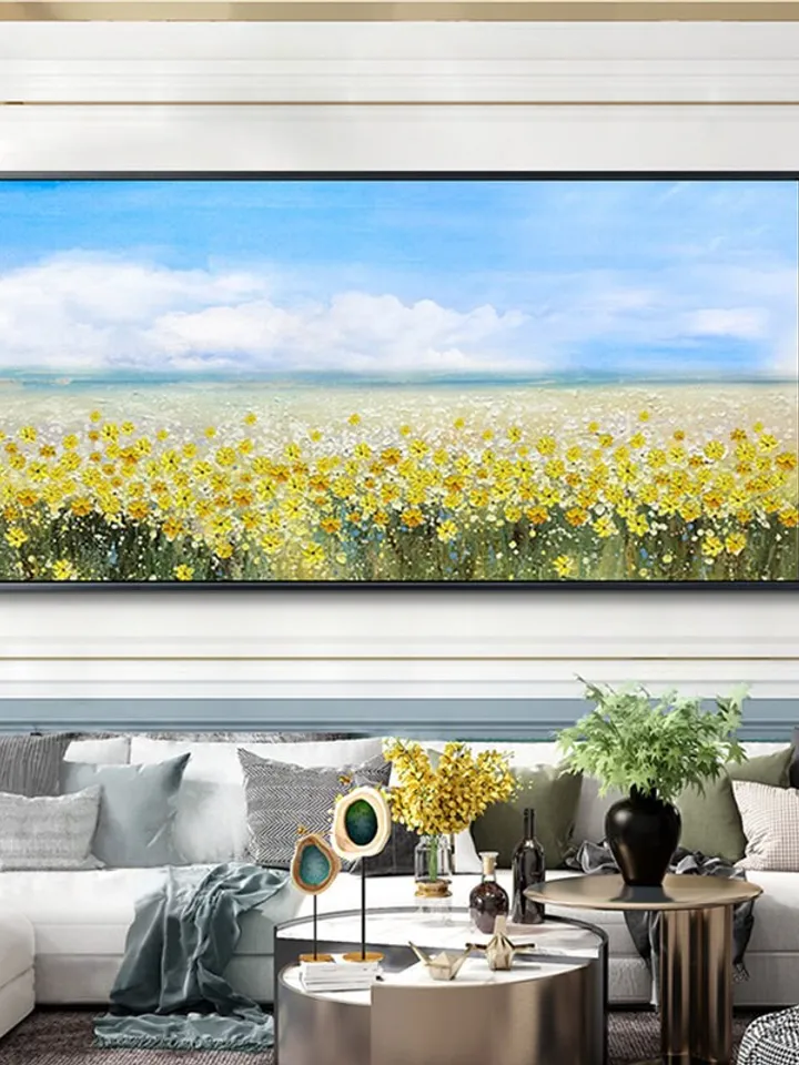 oil painting flower on canvas, original flower painting,yellow flower painting, blue sky painting, landscape painting,living room wall art