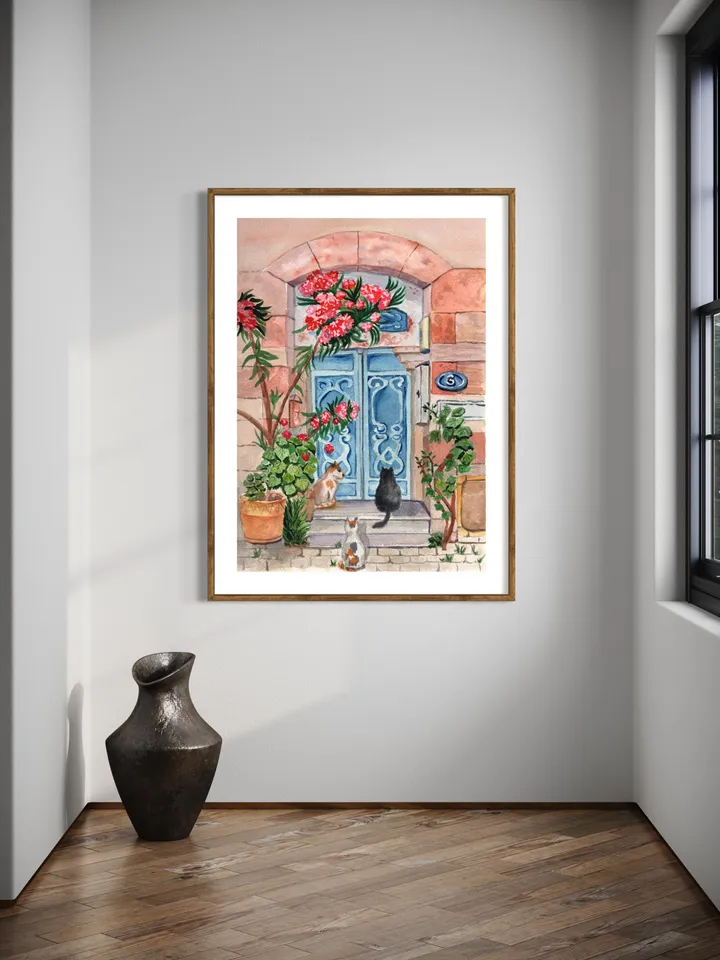 Cat Illustration Watercolor Painting Wall Art Print, Floral Illustration, Cat Home Gift, Gift For Plant Lover, Black Cat Art, Cat In Flower