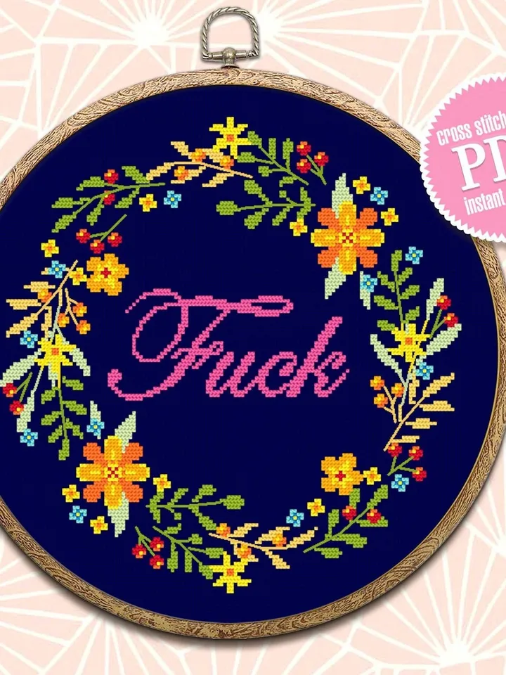 Fuck Flower wreath cross stitch pattern download PDF Floral framed quote cross stitch, Funny adult cross stitch chart, DIY home decor #Q11