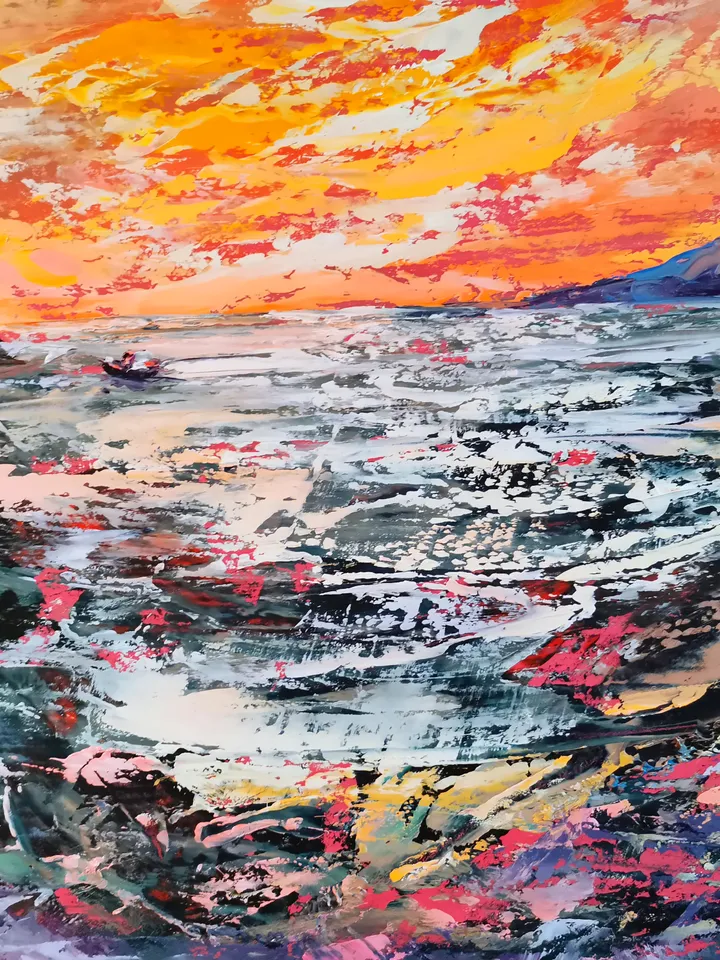 Mountains Sea Ship Bright Sunset Original Art Oil Painting Artist Svinar Oksana