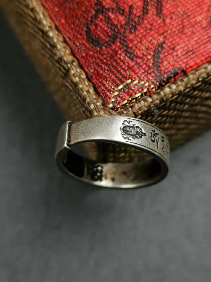 Gandhanra Unique Handcrafted Tibetan Silver Ring | Amitayus Ring and Mantra | Adjustable Size | Protection Jewelry | Spiritual Gift