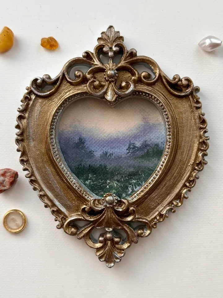 Morning Foggy Field Landscape Painting Original In Vintage Style Frame Small Framed Oval Painting Art