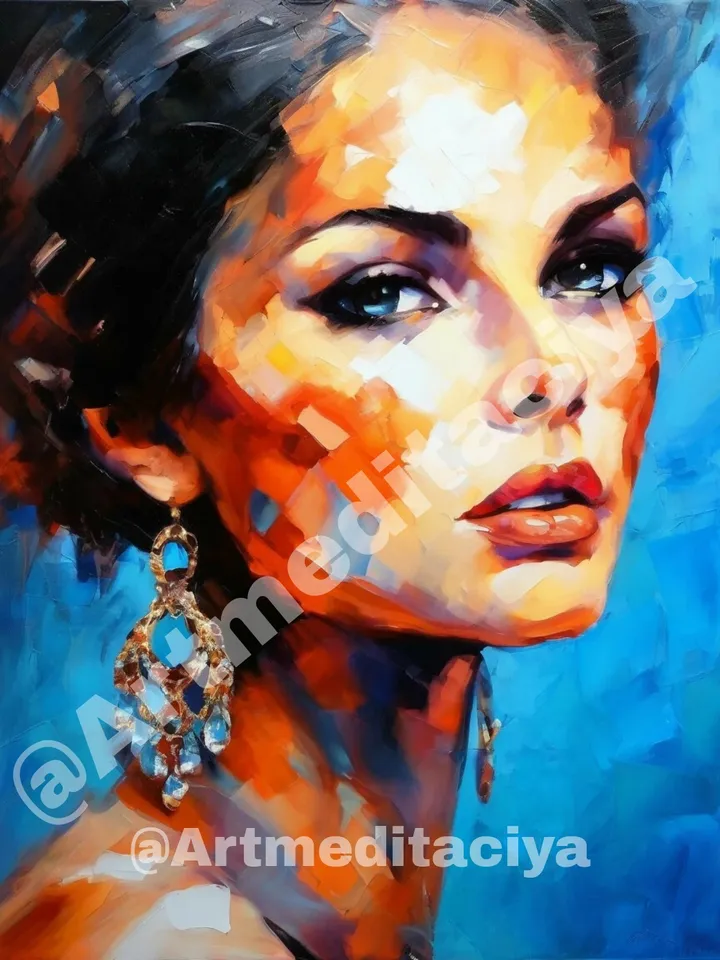 The digital abstract modern painting "Girl" in the style of oil painting with a palette knife is a concise image of a beautiful brunette of European appearance with expressive blue eyes and large ethnic earrings with blue stones on a blue background
