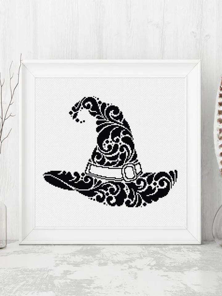 Halloween witch hat mandala cross stitch pattern PDF download Wizard hat cross stitch, Fantasy hat embroidery PDF, Vintage hat pattern #M212