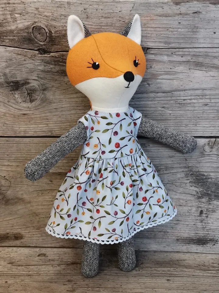 Orange fox girl, handmade stuffed wool doll, textile plush fox, fabric animal doll