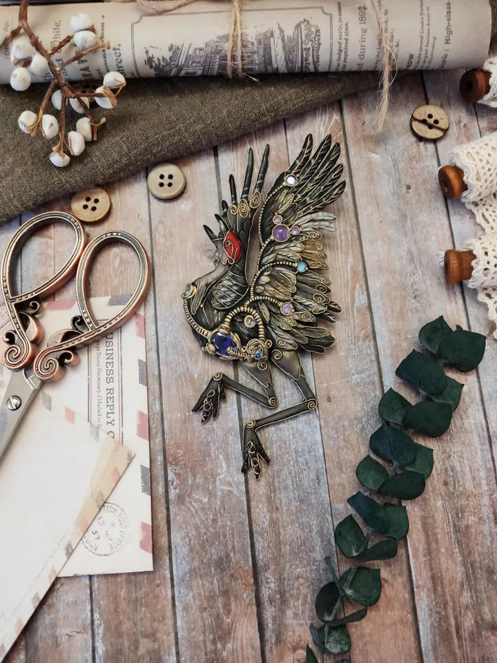 Dancing Crane brooch, bird brooch, crane, bird jewelry, brooch with stones