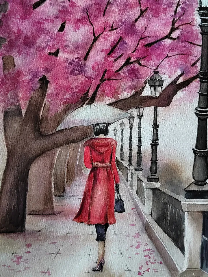 Original Watercolor Painting Urban Landscape Art Autumn Embankment Artwork Rainy Day Picture 30x40 cm by SoftWaves