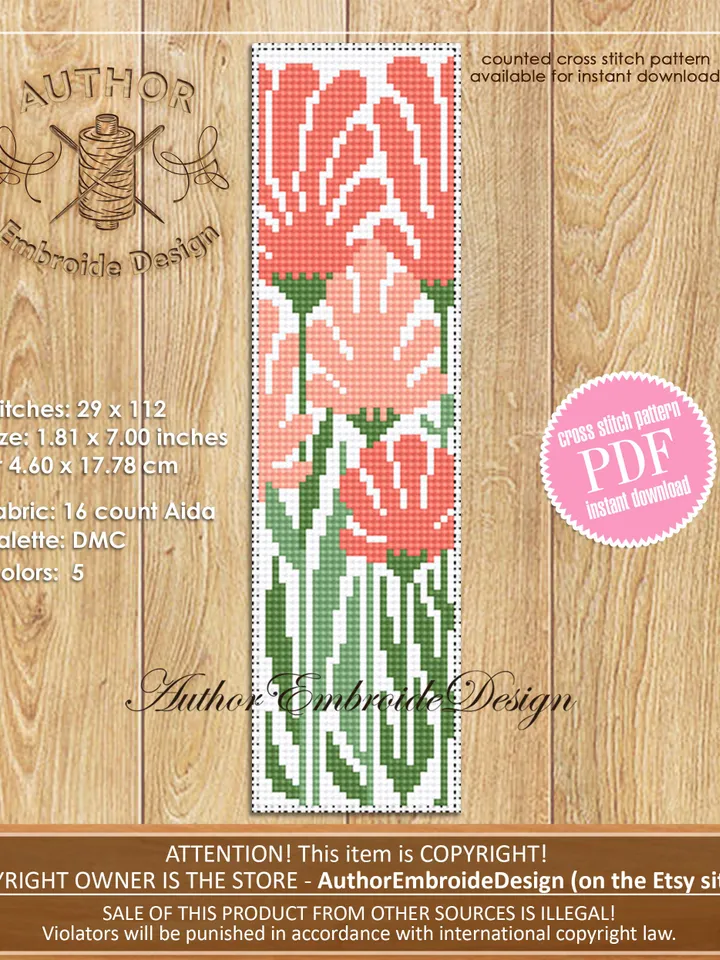 Abstract flowers bookmark cross stitch pattern PDF download Boho flowers cross stitch chart, Modern bookmark pattern digital PDF #B304