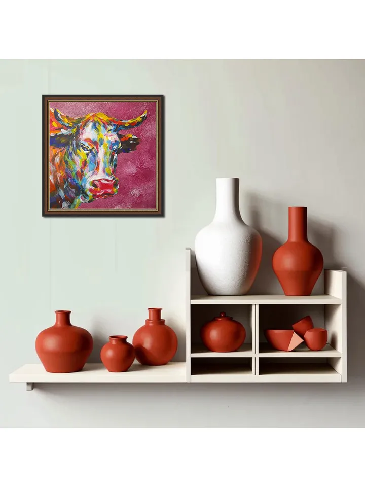 Strawberry Cow Painting Animal Original Art Farm Artwork Acrylic Painting 8.5 by 8.5 Above Sofa Art by TatianaArtShop