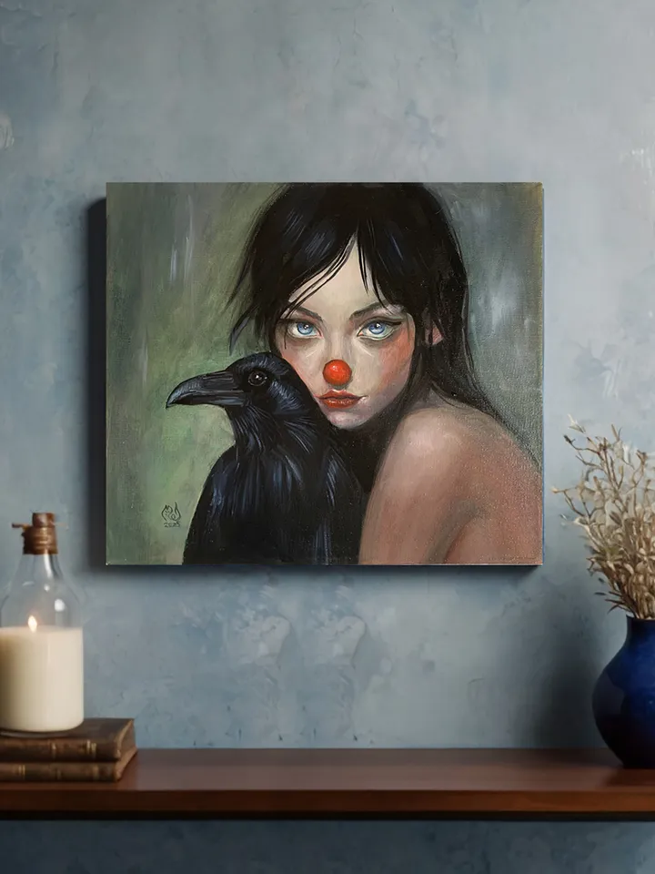 Mysterious Clown Girl with Raven – Oil Painting on Canvas 14×16 in by MyFoxyArt