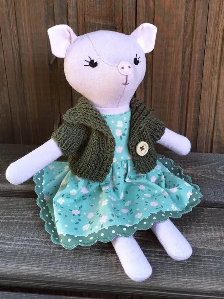 Pink pig girl, handmade wool plush toy, textile stuffed piggy doll