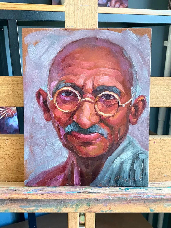 Mahatma Gandhi Painting Oid Man Portrait Artwork Oil On Panel Male Portrait