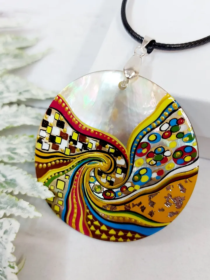 Pearl pendant necklace: Abstract Spiral painting in Klimt style on Graceful Handcrafted Pendant • Delicate handmade jewelry for bright girl