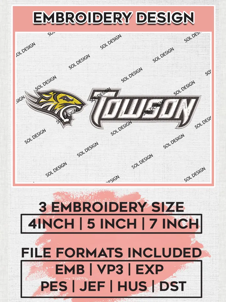 NCAA Towson Football Team Logo Embroidery Design Files, NCAA Towson Tigers Machine Embroidery, NCAA Teams, Game Day, 3 sizes, NCAA Machine embroidery designs, Digital Download