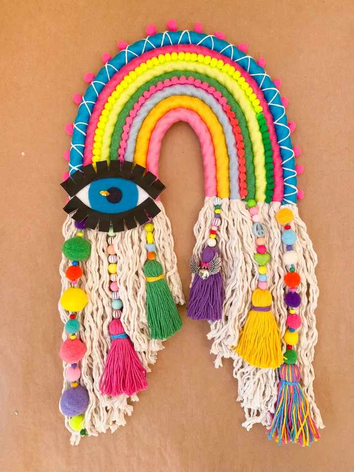 Colorful wall decor, Hippie room decoration, Macrame rainbow with evil eye, Funny gift, Boho home decor