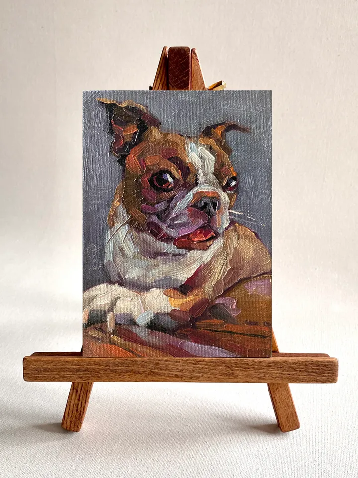 Dog oil painting original, Pet portrait artwork, Animal miniature wall art 4x6