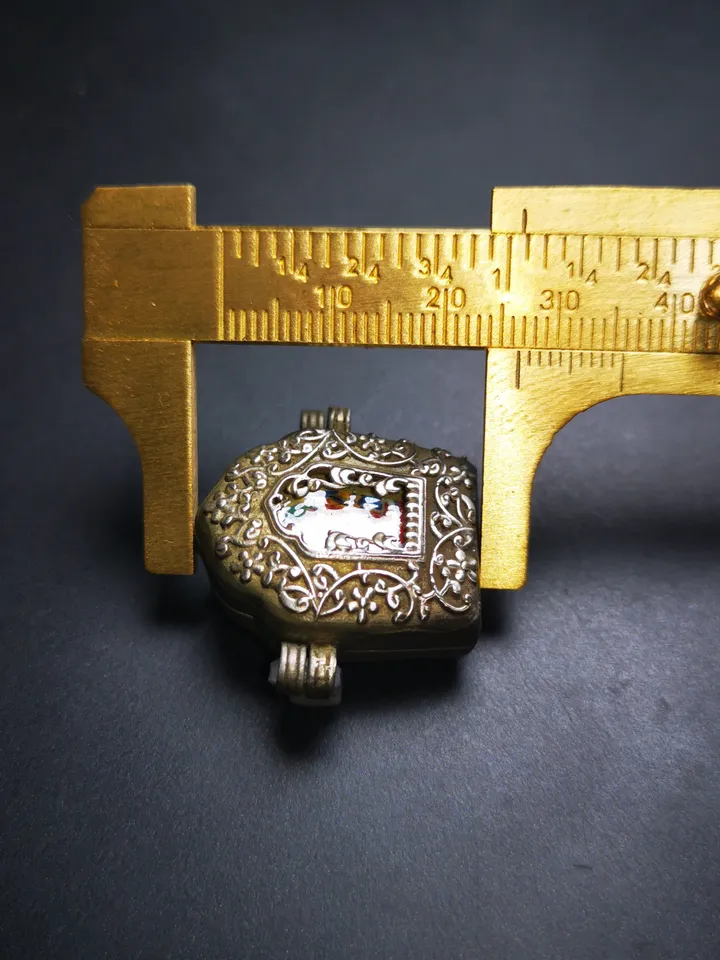 Gandhanra Antique Handmade Gau Ghau Shrine, Yellow Jambhala Mini Tibetan Buddhist Altar Amulet Pendant,Made of White Copper