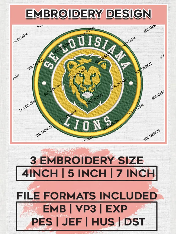 NCAA SE Louisiana Lions Round Logo Embroidery, NCAA SE Louisiana Lions Logo Embroidery files, NCAA Teams, Machine embroidery designs, Digital Download