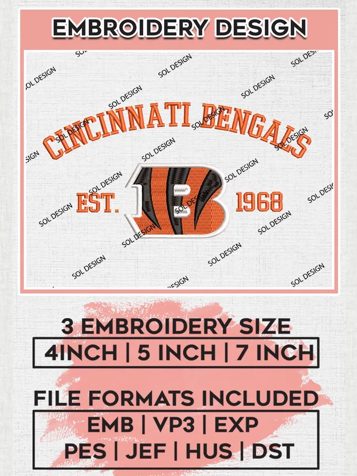 Cincinnati Bengals Est 1968 Embroidery Designs, NFL Bengals, NFL Embroidery Designs, NFL Cincinnati Bengals Machine Embroidery Design, Digital Download
