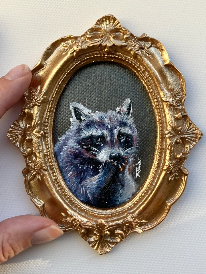 Raccoon Oil Painting Original In Vintage Style Frame Small Framed Animals Wildlife Art Oval Frame