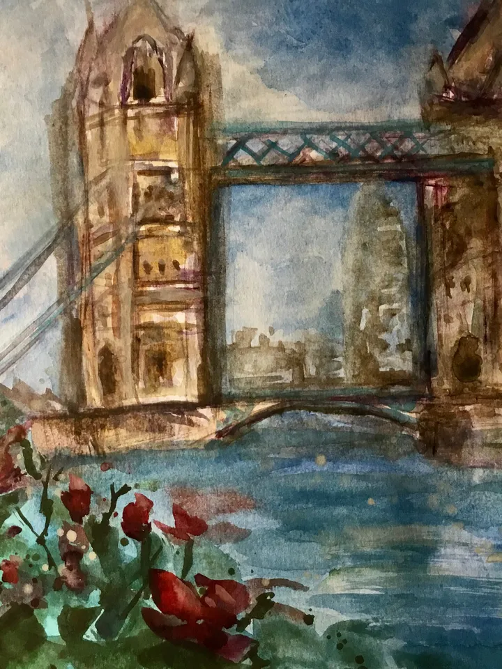 London tower bridge,original watercolour painting,London cityscape,England painting,world capitals wall art,London in flowers,home decor
