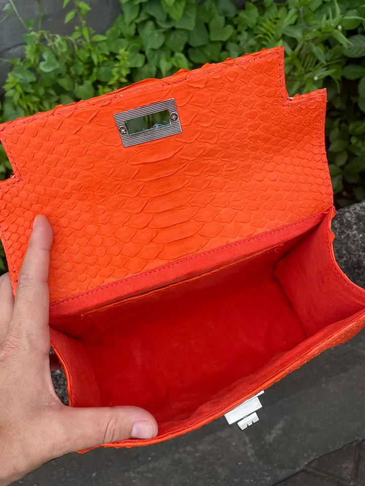 Top handle orange classy genuine python skin bag | exotic leather bags | Elegant women purse | snake skin bag | designer leather bag