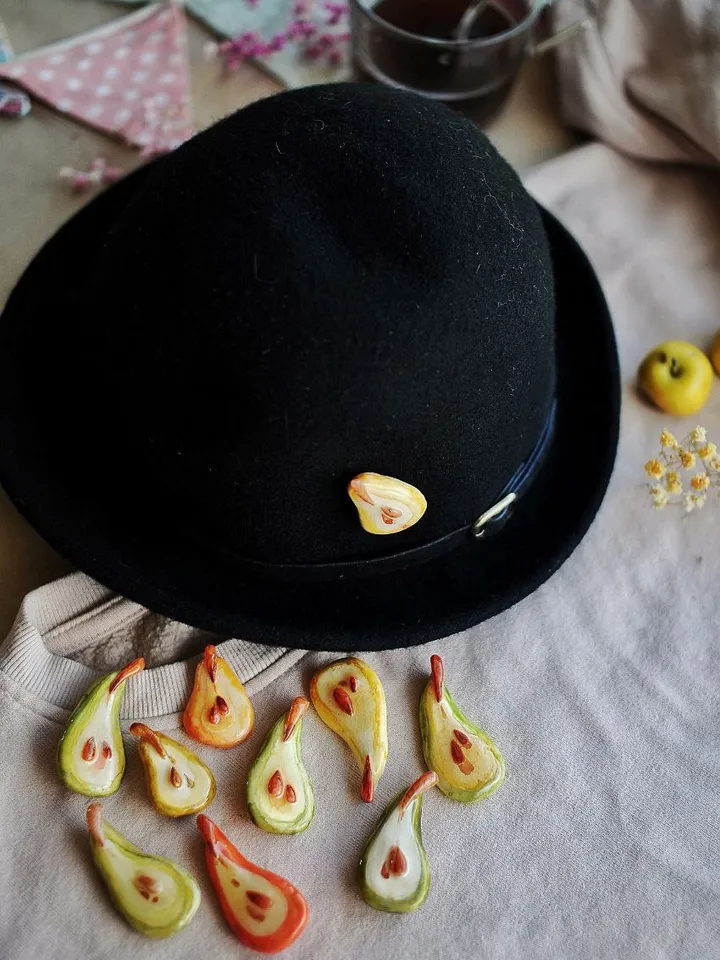 Warm brooch made of polymer clay, pear pin