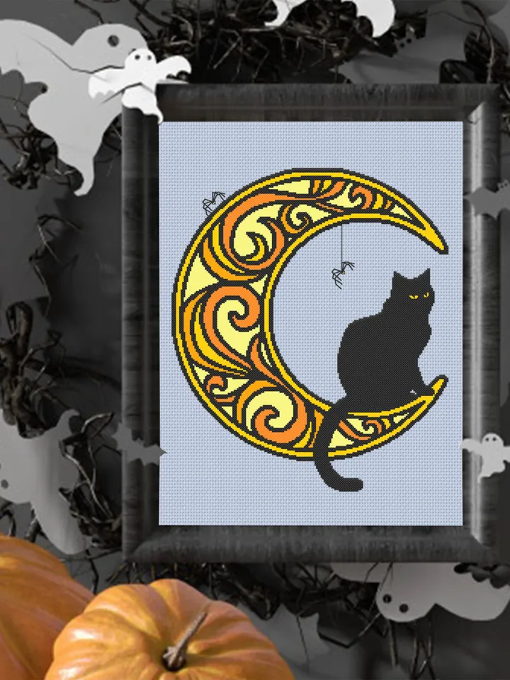 Halloween cat on crescent moon cross stitch pattern PDF download Black cat cross stitch chart, Mandala moon pattern digital PDF #M170