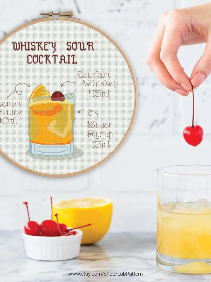 Cocktail Whiskey Sour Cross stitch pattern | Embroidery Pattern | Instant Download | Embroidery Designs