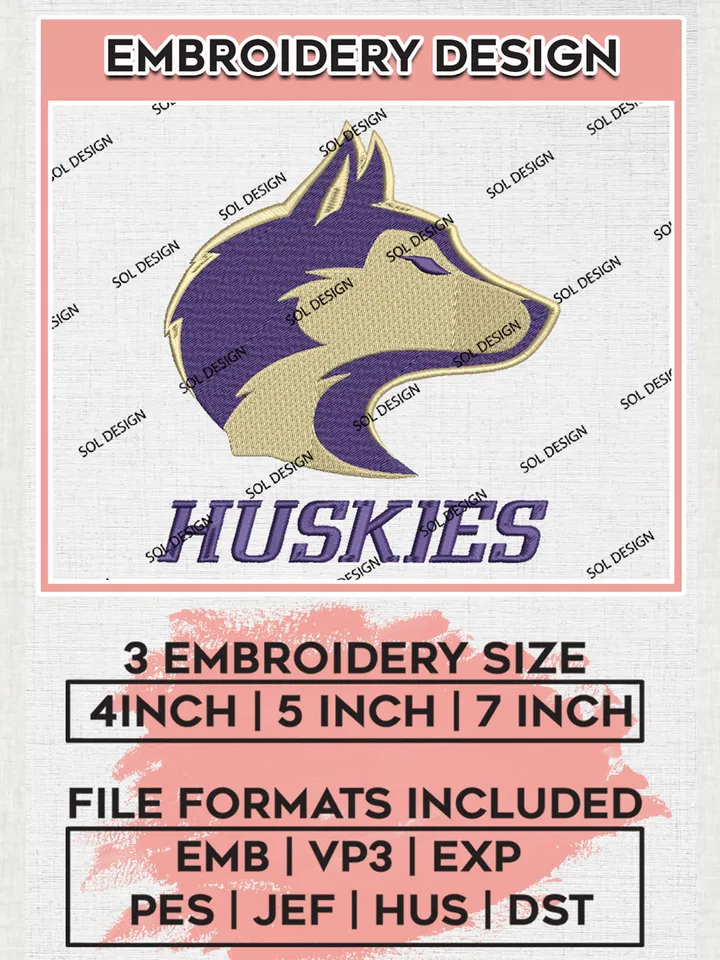 NCAA Huskies College Football Team Head Mascot Logo Embroidery Design Files, NCAA Washington Huskies Machine Embroidery, NCAA Teams, 3 sizes, NCAA Machine embroidery designs, Digital Download