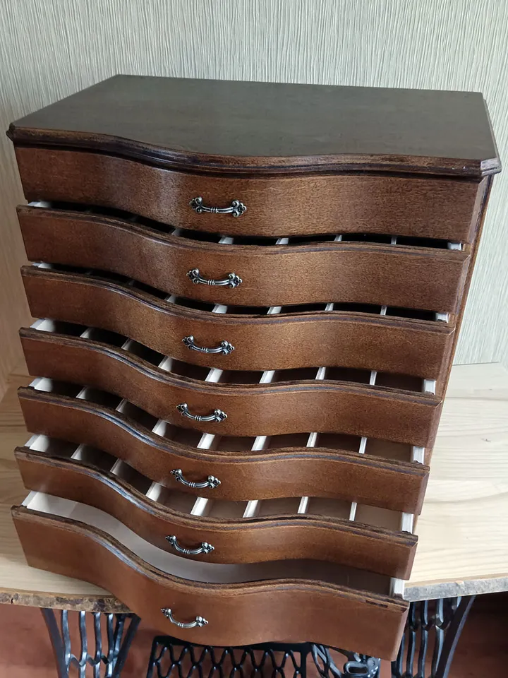 Floss storage cabinet for DMC floss bobbins and skeins, Stitching drawer box with curved faces in vintage style