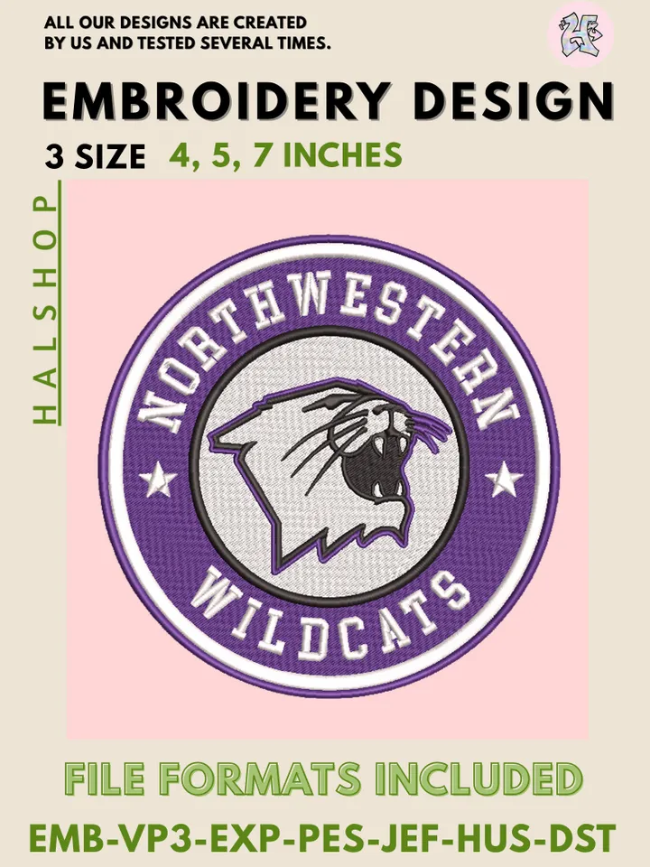NCAA Northwestern Wildcats Round Logo Embroidery, NCAA Northwestern Wildcats Logo Embroidery Files, Machine Embroidery Designs, Digital Download