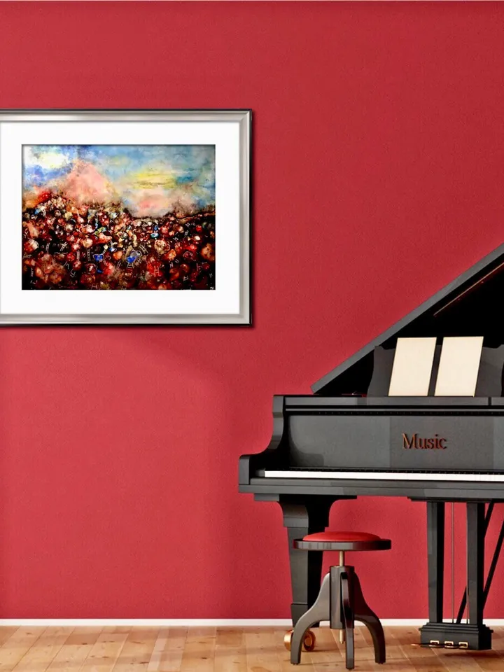 Red town fantasy unique artwork,original alcohol inks mix media painting on heavy yupo paper,fantasy wall art,home decoration.