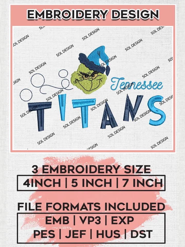 Christmas Grinch Tennessee Titans Embroidery Designs, Grinch Embroidery Files, NFL Titans Machine Embroidery Designs, NFL Tennessee Titans Logo, NFL Christmas Machine Embroidery Design, Digital Download