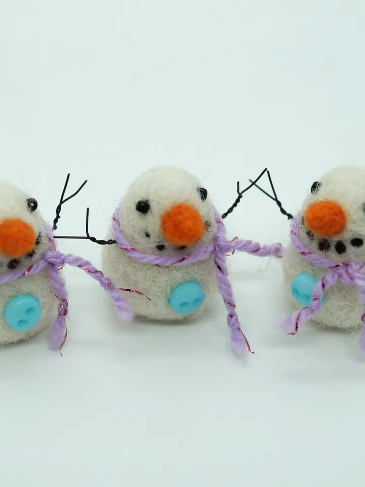 Miniature needle felted snowman in a purple scarf, ready to ship