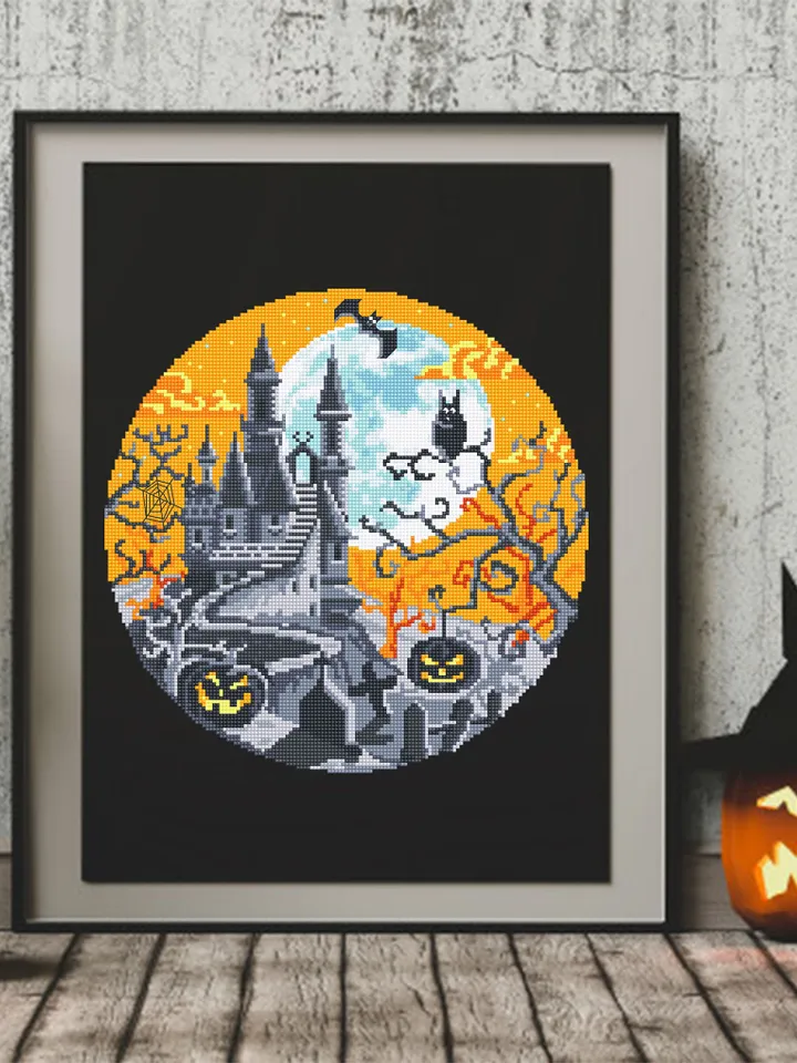 Halloween cross stitch pattern PDF download Spooky haunted house cross stitch chart, Halloween pattern digital PDF Happy Halloween night #H2