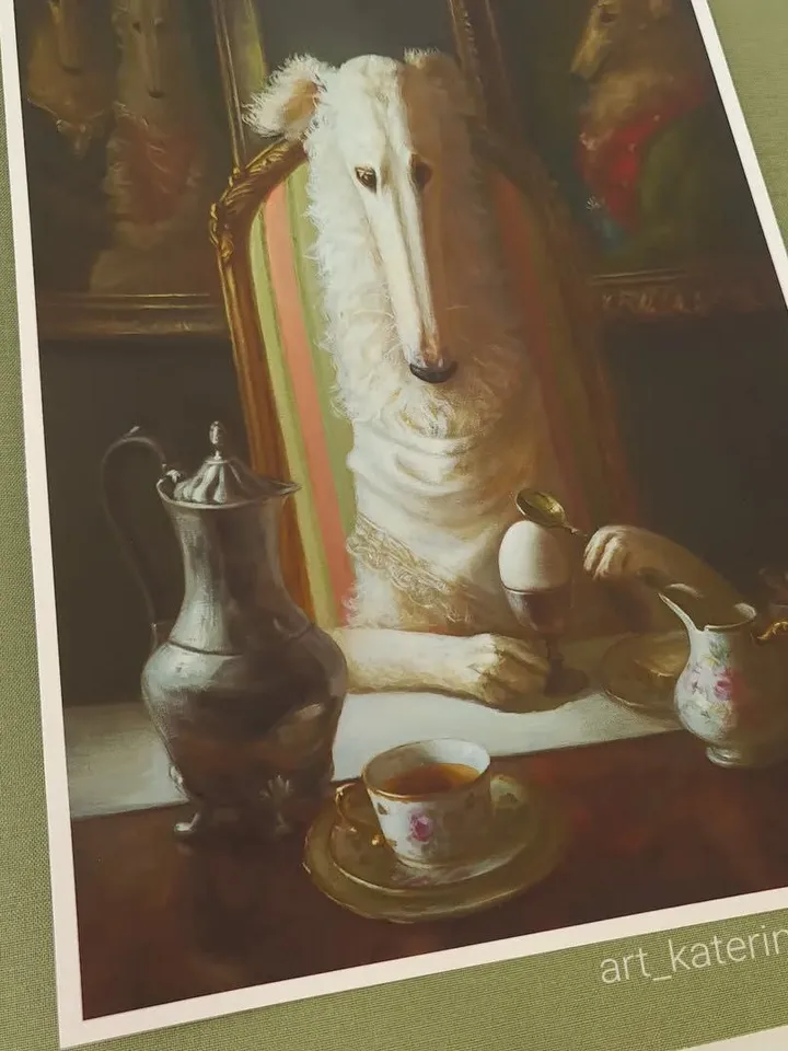 print of oil painting Russian Greyhound "Breakfast"