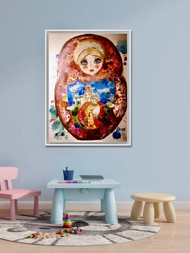 Matryoshka doll original mix media painting on yupo paper,watercolours and alcohol inks painting,unique artwork russian doll painting,gift
