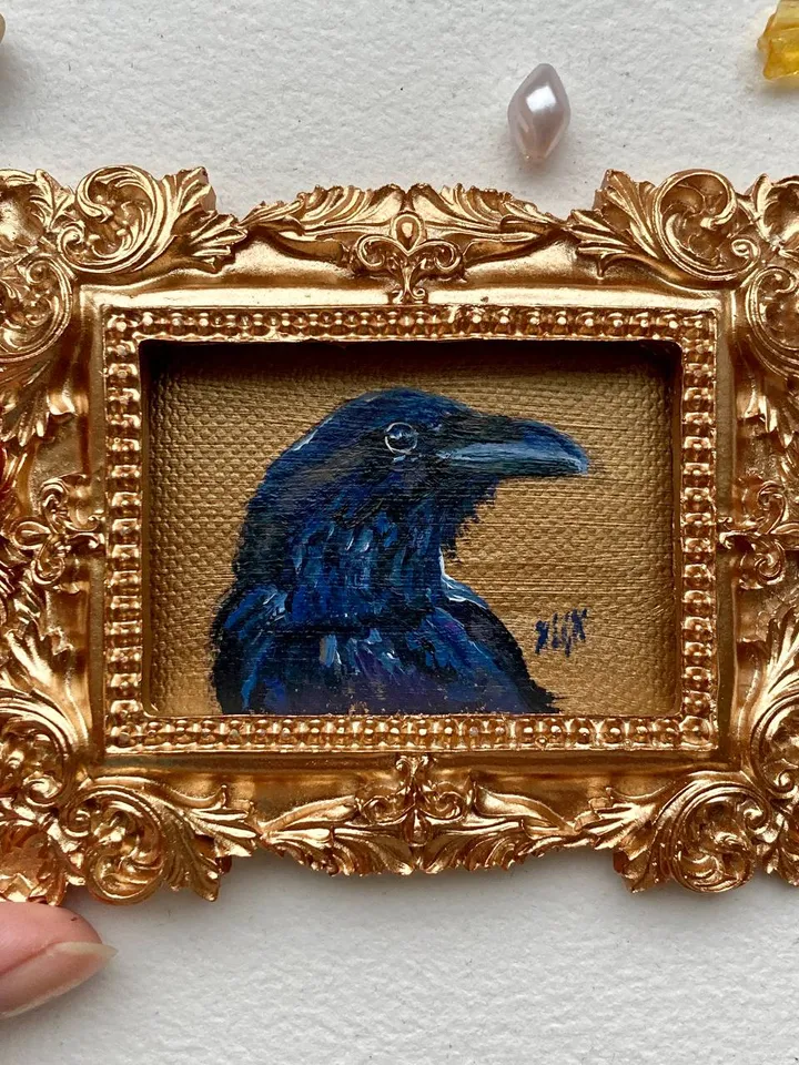 Framed Raven Painting Small Original Corvid Artwork Crow Art Tiny Oil Painting Framed Bird Painting