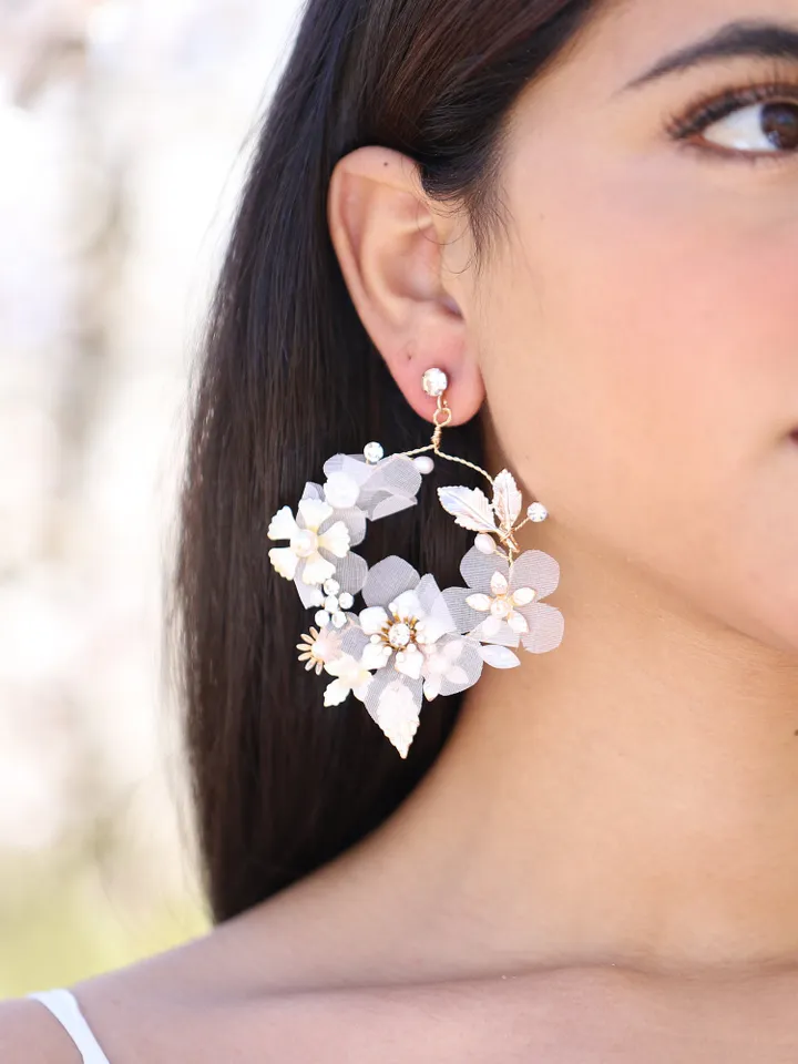 Hoop Flower Wedding Earrings, Floral Wedding Earrings, Floral Bridal Earrings, Boho Statement Wedding Earrings, Statement Bridal Earrings,