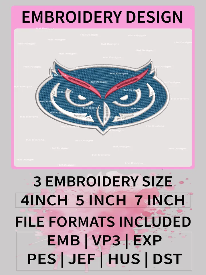 NCAA Florida Atlantic Owls Embroidery File, 3 Sizes, 6 Formats, NCAA Machine Embroidery Design, NCAA Logo, NCAA Teams
