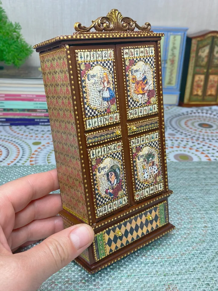 Handmade wardrobe. Doll furniture. Wardrobe based on the fairy tale "Alice". 1:12.